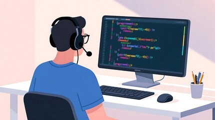 Person Coding on Computer at Desk with Headset in Minimalist Illustration