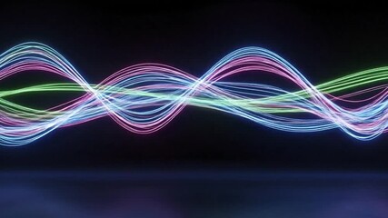 Wall Mural - This captivating abstract animation features a dynamic flow of glowing, multi-colored lines against a dark background, creating a mesmerizing visual experience. Vibrant electric blue, pink, and green 