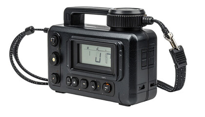 Compact black digital device with controls and display