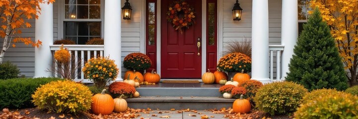Wall Mural - A charming front porch decorated for autumn with pumpkins, gourds, and fall foliage, creating a welcoming and festive atmosphere , decoration, festive