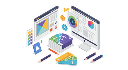 Creative workspace with design tools in isometric style for graphic projects