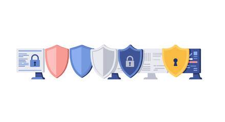 Flat cybersecurity concept with shields and computers