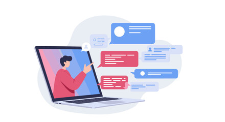 Online communication concept with man interacting through laptop and chat bubbles