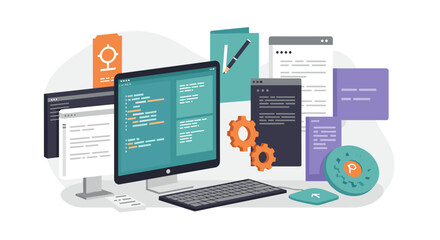 Modern workspace with coding screens and graphics in isometric style