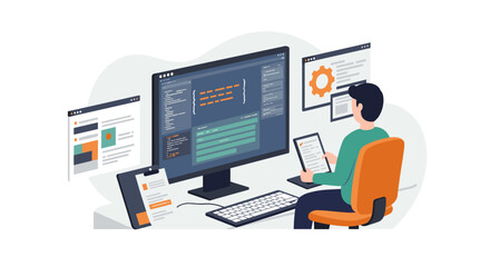 Software developer programming at computer desk with multiple screens in modern workspace
