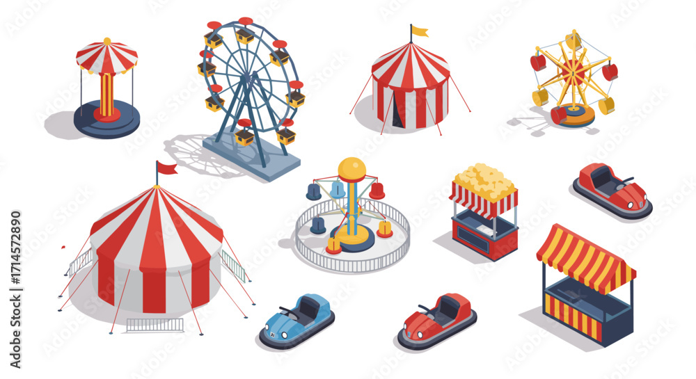 Colorful isometric amusement park elements with ferris wheel and bumper ...