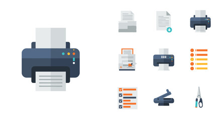 Office equipment icons set featuring printers and document management tools