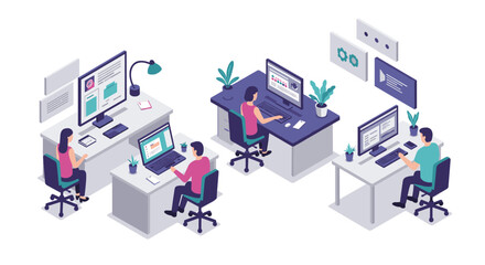 Modern office workspace with team collaborating on computers in isometric design