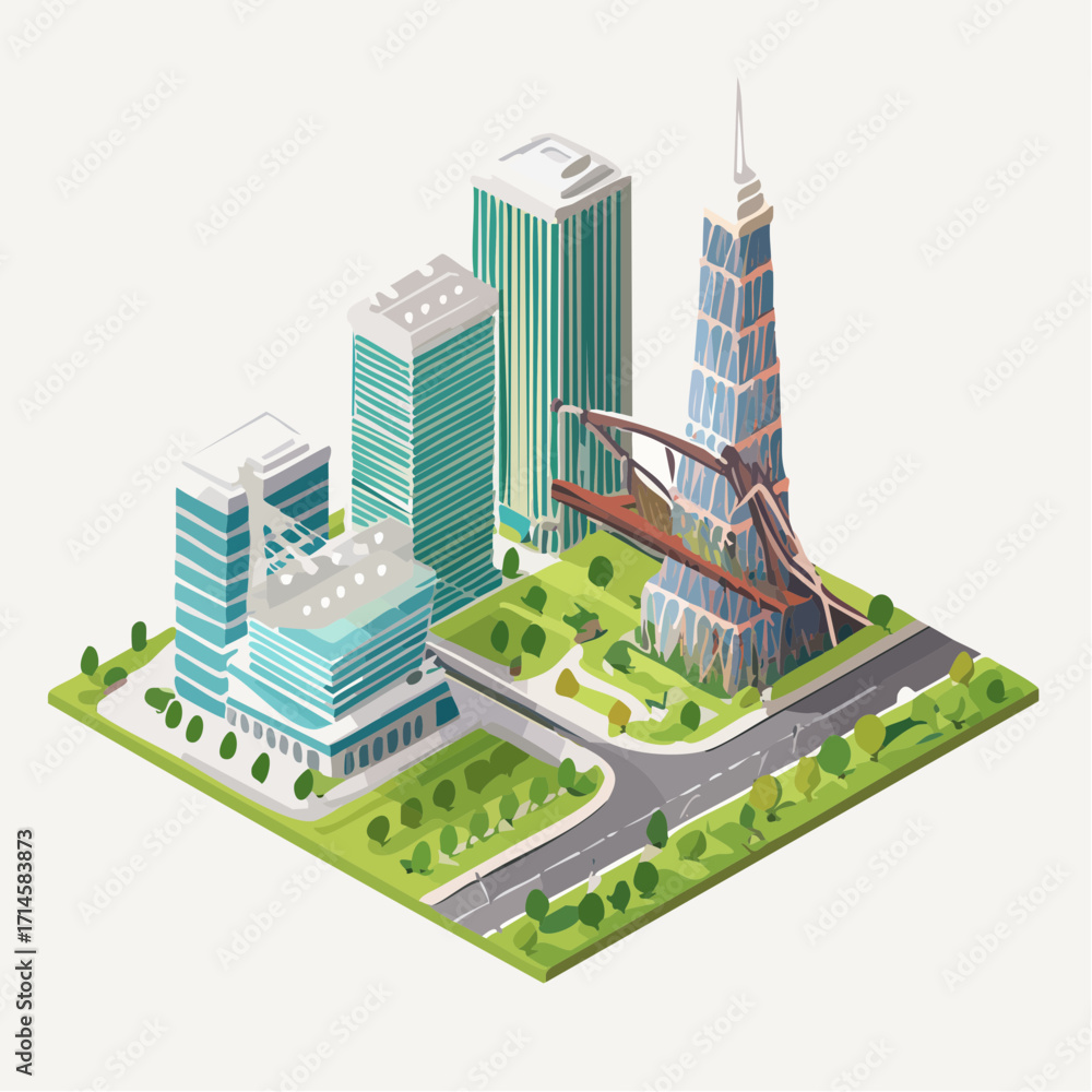 Cit Building Layout Isometric modern city scene skyscrapers, landmark building, green parks ...