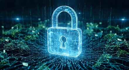 Cybersecurity lock protecting data with glowing grid