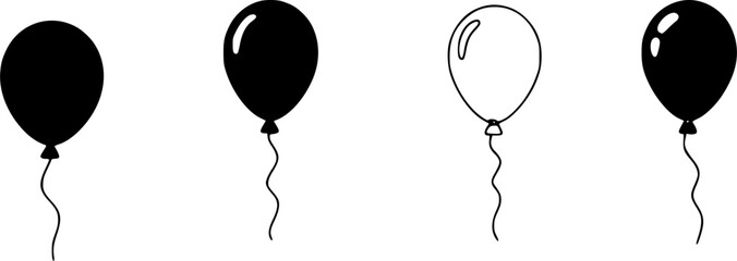 Flying balloons set continuous line drawing. Collection of different linear balloon shapes. Birthday gift concept. Vector illustration isolated on white. 