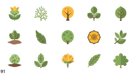 Collection of stylized flat design tree and leaf icons for nature and environment themes.