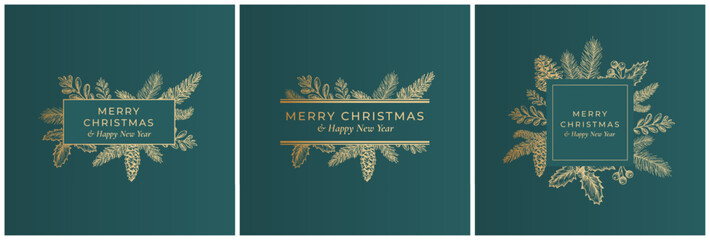 Wall Mural - Merry Christmas Abstract Botanical Card Collection with Rectangle Frame Banners and Modern Typography. Premium Green Background and Golden Greeting Pine Tree Spruce and Mistletoe Layouts Set. Isolated