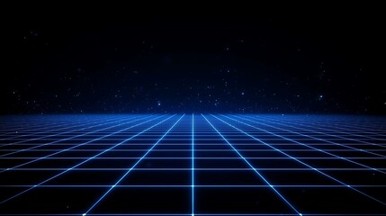 Abstract digital grid landscape with blue glowing lines on a dark background, representing a futuristic virtual world or network