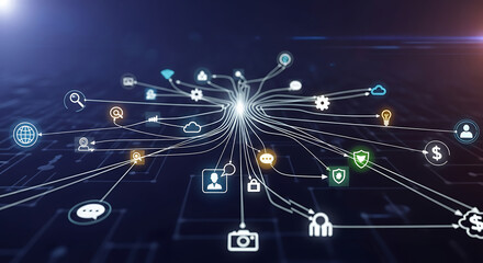 Centralized network connection with various digital icons representing data flow and communication.