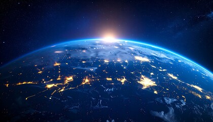 Wall Mural - Panoramic view on planet earth globe from space, glowing city lights, light clouds