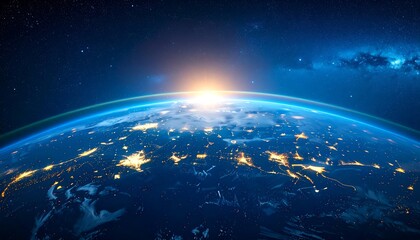 Wall Mural - Panoramic view on planet earth globe from space, glowing city lights, light clouds
