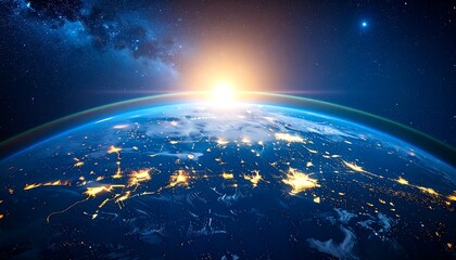 Wall Mural - Panoramic view on planet earth globe from space, glowing city lights, light clouds