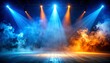 © CreativeCreations - Stage and blue and orange smoke night lightning in fog searchlight beams