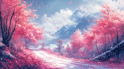 Wall Mural - The scene is painted in soft pastels with broad brushstrokes, giving it a dreamy and colorful atmosphere --ar 16:9 --stylize 750 --v 6.1 Job ID: 0286bd20-cc56-4251-9502-942a5fdeb5b4
