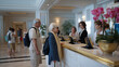 © Laura - Wide shot of hotel lobby with tourists entering and staff greeting them.