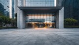 Modern office building entrance, paved plaza