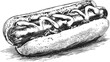 © cac_tus - Hot dog sketch hand drawn with mustard in bun, detailed black and white — stock vector