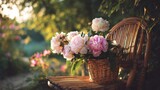 Bouquet of pink and white peonies in a wicker basket