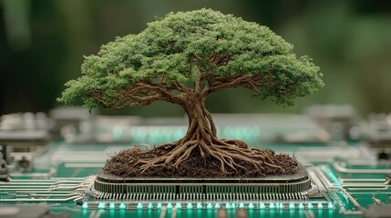 Green Tree on Circuit Sphere with Blue Wireframe Network for Sustainable Tech Future