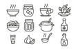 © Valentyna - Healing Food Icons. Line style icons of healing food and drink: bone broth bowl, wild honey jar, medicinal tea cup, bitter herbs