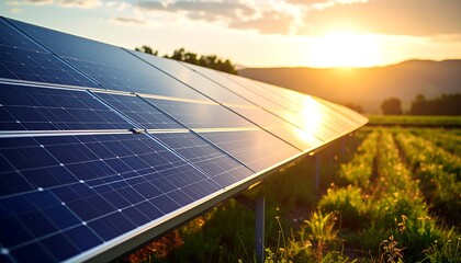 Close-up of a solar panel array in a field with a beautiful sunset. The panels are reflecting the sun's warm glow. The scene conveys renewable energy and sustainable living