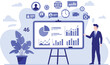 © Hasib World - Business presentation illustration, data analytics board, pie chart, bar graph, line graph, professional speaker, global icons, strategy, report, planning