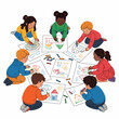 © muhammad - A diverse group of young children sitting in a circle on the floor, happily drawing pictures with colorful crayons.