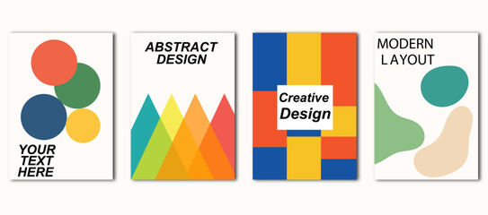 Wall Mural - Abstract poster set. Four creative layouts with colorful circles, geometric triangles, square block patterns and organic shapes, modern templates for posters, flyers, and graphic design