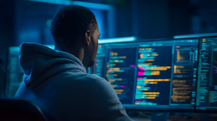 African American man coding on multiple screens in a dimly lit workspace with vibrant data display