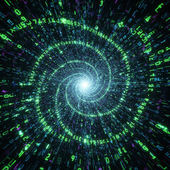 Abstract digital vortex with binary code, data stream, and cyberspace tunnel