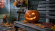 © Кирилл  - A photograph of a solitary jack-o'-lantern sitting on a weathered wooden porch swing. The pumpkin has a classic triangular eye and nose, and a wide, grinning mouth with jagged teeth carved from the or