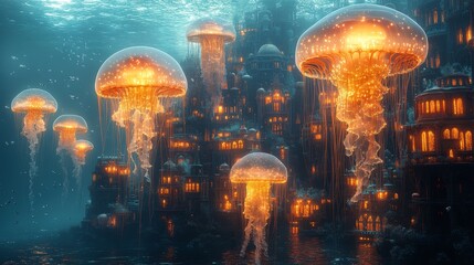 Wall Mural - Surreal Jellyfish City: A cityscape underwater, where jellyfish float between buildings made of coral and glowing bioluminescent structures. The jellyfish have translucent, glowing tendrils, and soft 
