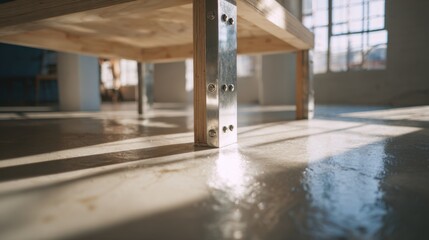 Wall Mural - Sunlit industrial loft interior with wooden table and metal details for modern design inspiration