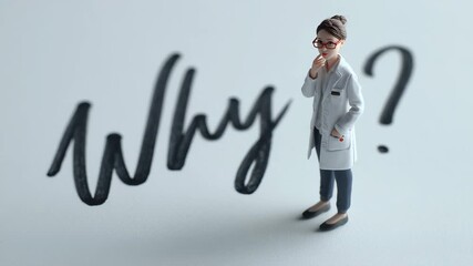 女性研究者がWhyの文字を考える白背景イメージ