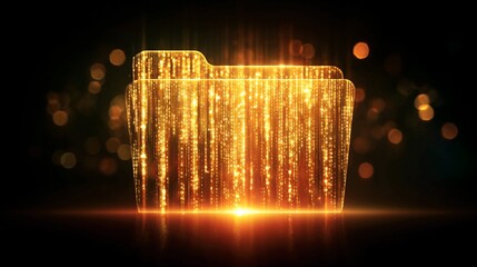 A golden folder icon with binary code cascading down on a dark background with bokeh effects