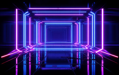 Futuristic neon-lit corridor with vibrant blue and pink lights