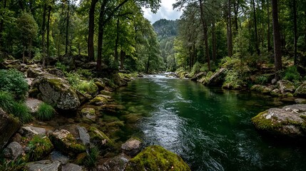  Immersive Watercourse Composition Flowing Through Verdant Forest Canopy – Sustainable Design Visual for Eco-Friendly Branding and Wellness Apps