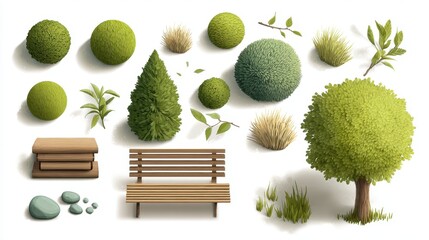 Top view of miniature garden arrangement isolated on white background, featuring trees, bushes, and a wooden bench
