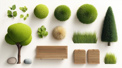 Overhead arrangement of miniature garden elements isolated on white background, showcasing trees and wooden structures