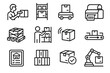 © VectorGomes - Collection of 12 linear warehouse icons: AGVs, barcode printers, shelves, tablets, checkmarked packages, shrink wrap pallets, and automation equipment.