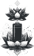 Wall Mural - A graphic illustration of a battery surrounded by lotus flowers symbolizing energy and balance.