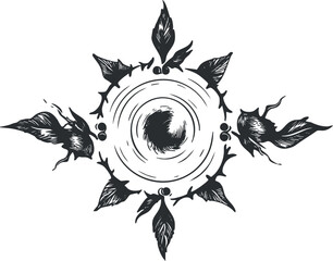 Wall Mural - An intricate black and white abstract symbol featuring swirling elements and leaf motifs.