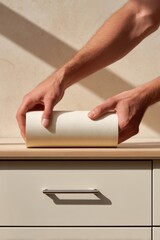 Wall Mural - Hands holding roll of wallpaper on wooden dresser in natural light