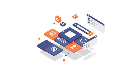 Isometric tech interface with modern icons and social media elements